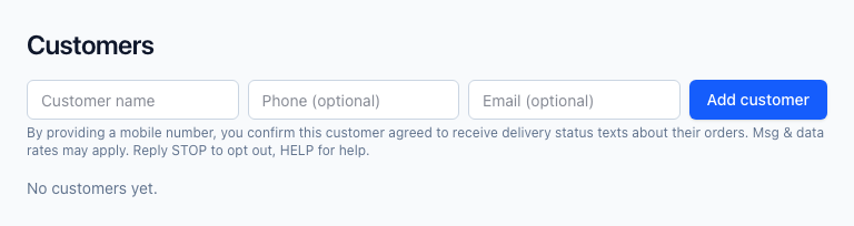 NxDlvry customer entry form: name, phone, and email fields with the SMS consent disclosure displayed beneath